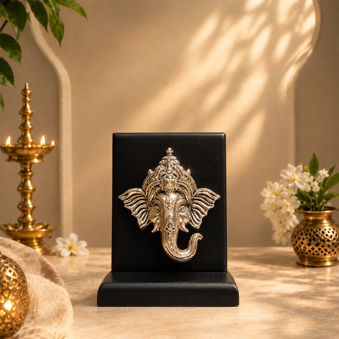 Lord Ganesha Face Sterling Silver Artifact with Matte Black Backing