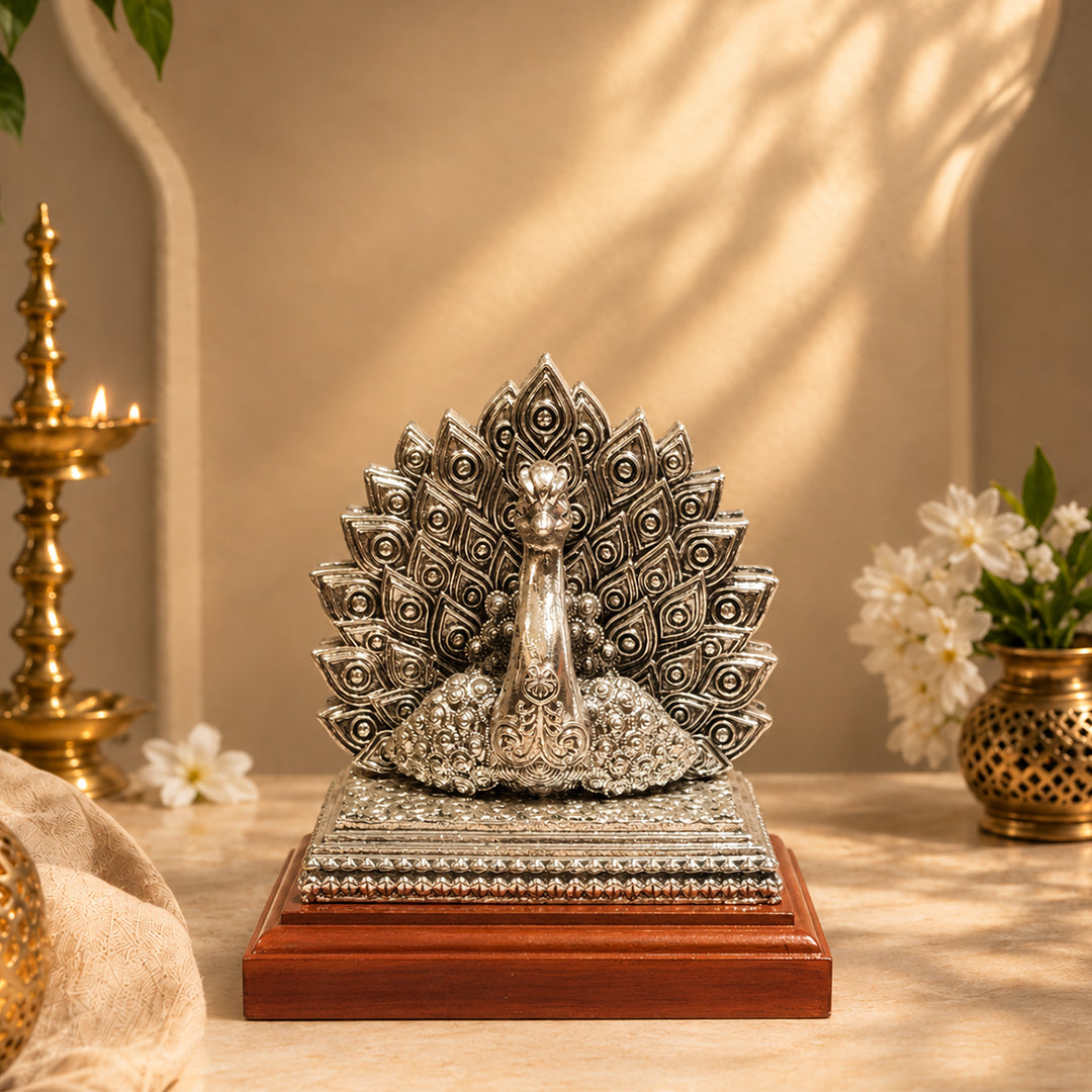 Majestic Dancing Peacock Fine Silver Sculpture with Wooden Pedestal