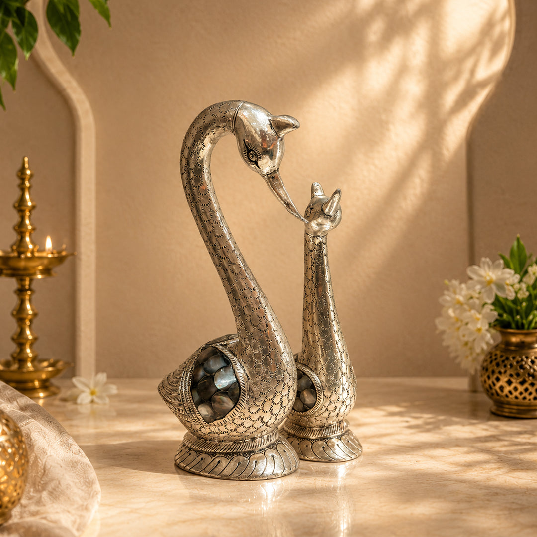 Graceful Swan Couple Antique Silver Figurine Pair