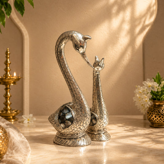 Graceful Swan Couple Antique Silver Figurine Pair