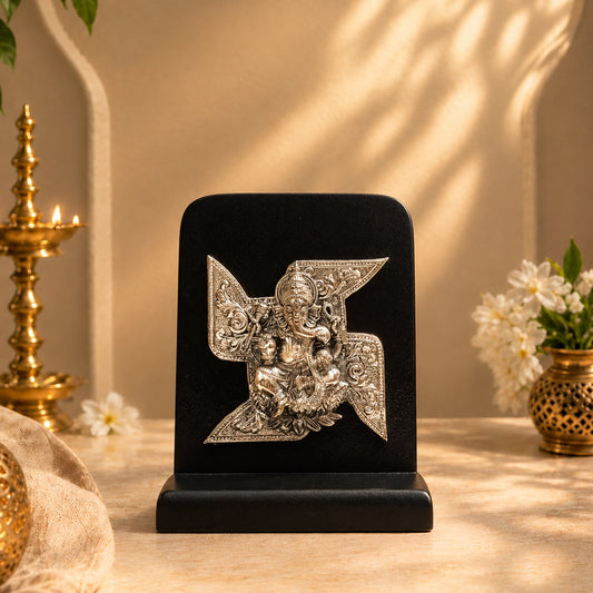 Swastik Ganesha Sterling Silver Frame Artifact with Matte Black Backing
