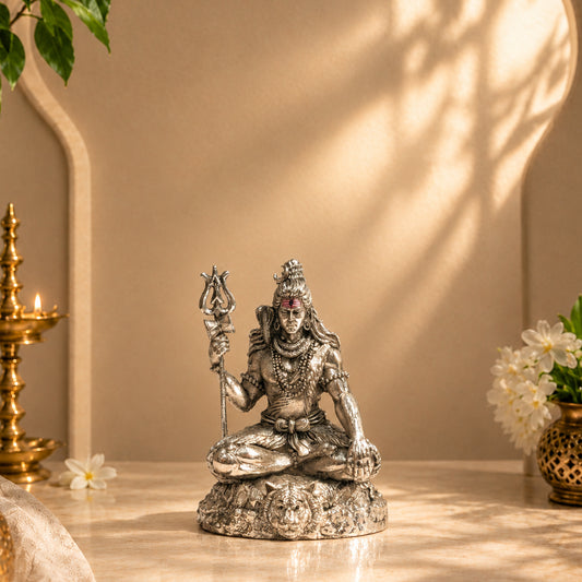 Meditating Lord Shiva Sterling Silver Idol on Tiger Skin Mount