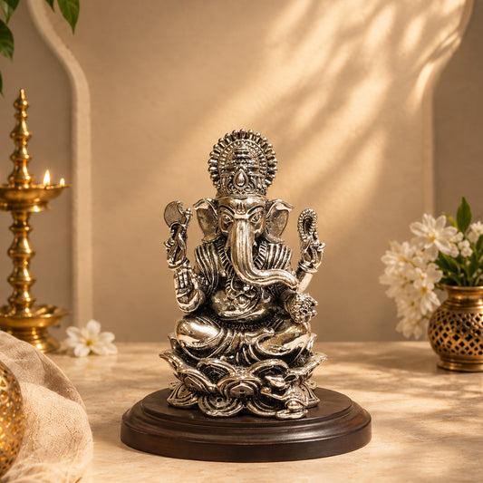 Seated Lord Ganesha on Lotus Base Sterling Silver Idol