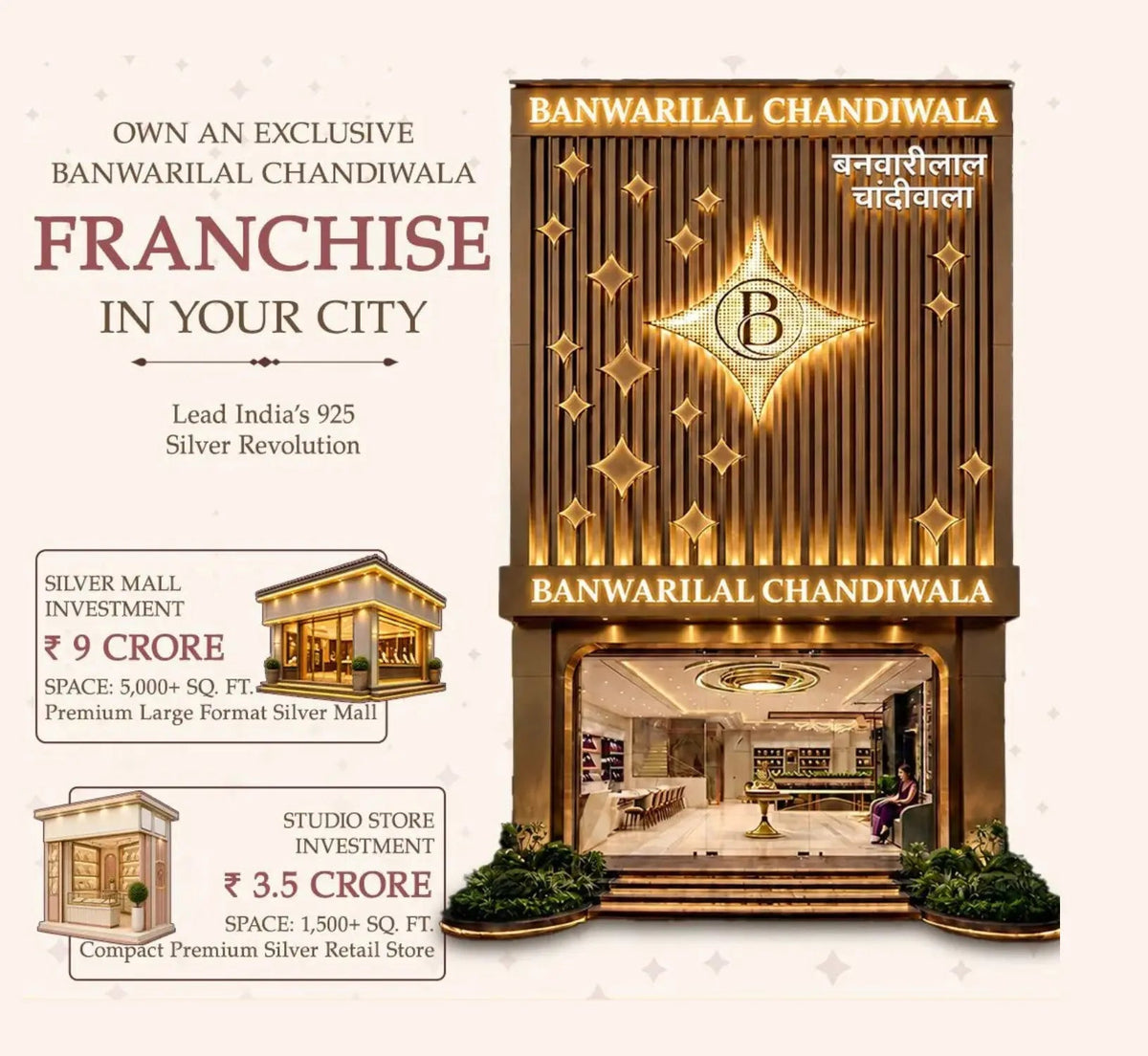 Promotional franchise graphic for Banwarilal Chandiwala, showing a large illuminated storefront design, smaller store layout illustrations, and text offering an exclusive silver mall and studio store investment in your city.